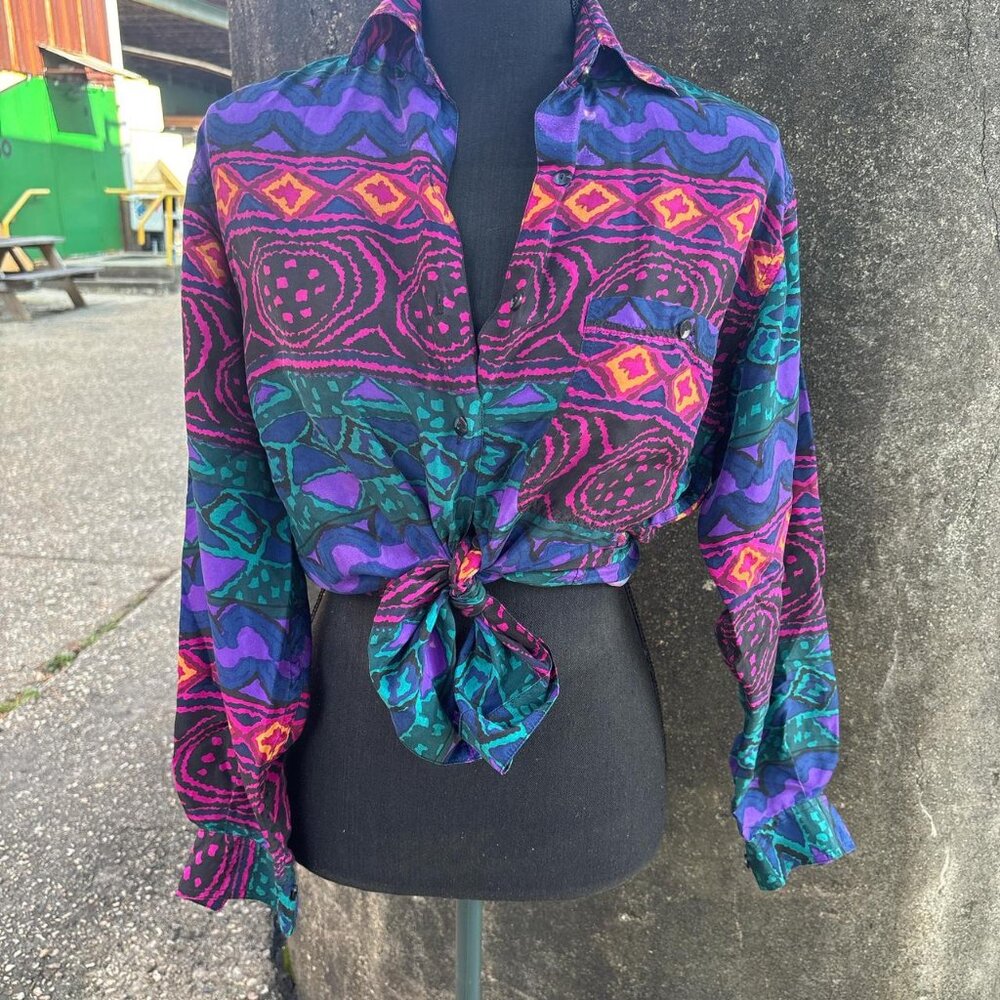 Joule Energy Blouse Multi-Coloured Womens XS 100% Silk Retro Funky Button-Down L